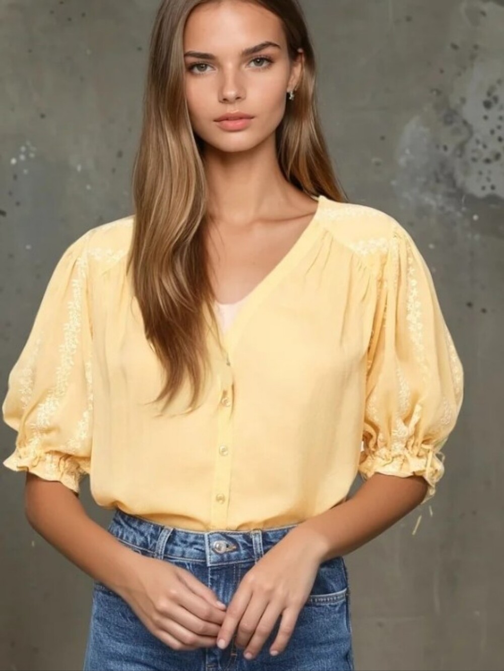 Maven West Soft Yellow Button-Front Boho Blouse